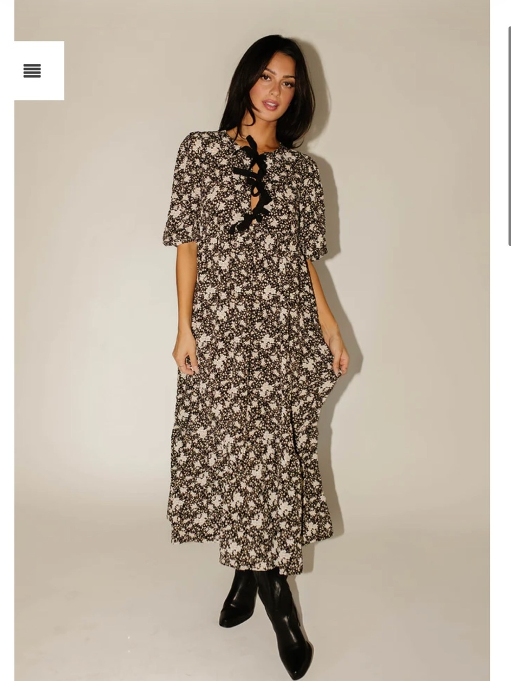 Zoco Black Floral Midi Dress with Bow Accents-Medium